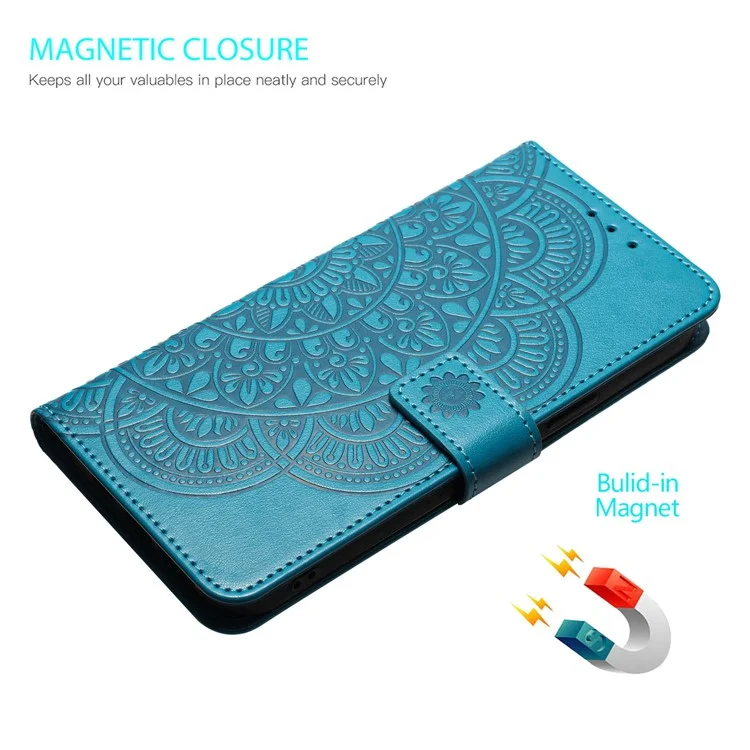 For iPhone 14 Case Leather Flip Phone Wallet Cover Flower Imprinted - Blue