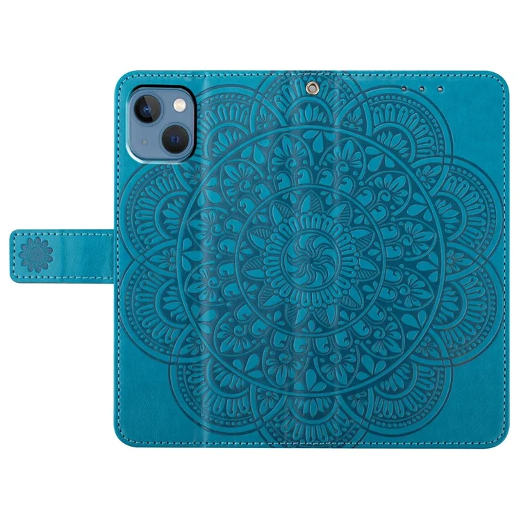For iPhone 14 Case Leather Flip Phone Wallet Cover Flower Imprinted - Blue