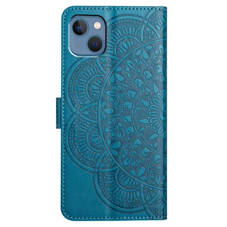 For iPhone 14 Case Leather Flip Phone Wallet Cover Flower Imprinted - Blue