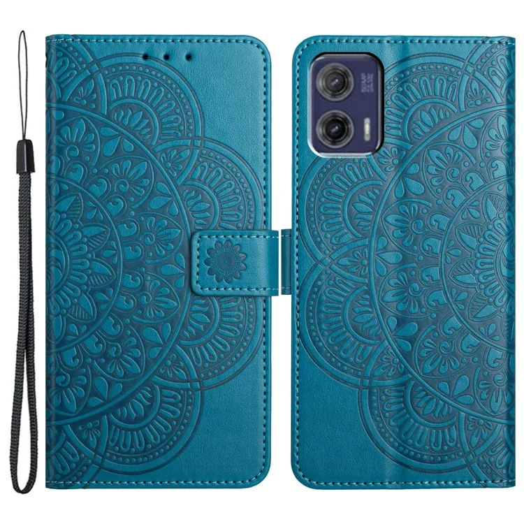 Para Motorola Moto G53 5G Case PU Leather Imprinted Flower Magnetic Card Slots Phone Cover - Blue