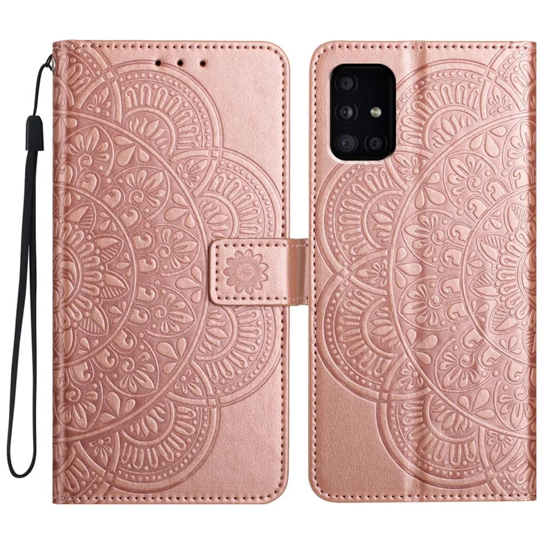 Para Samsung Galaxy A51 4G SM-A515 Caso de Carteira de Couro PU Impresso Flor Capa - Rosa Dourado