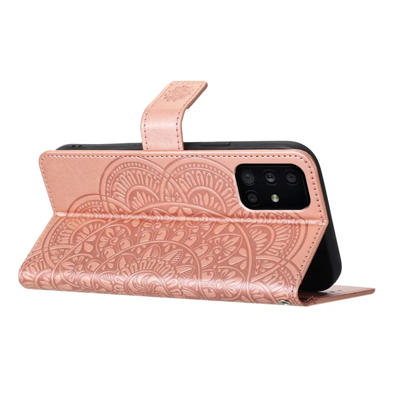 Para Samsung Galaxy A51 4G SM-A515 Caso de Carteira de Couro PU Impresso Flor Capa - Rosa Dourado