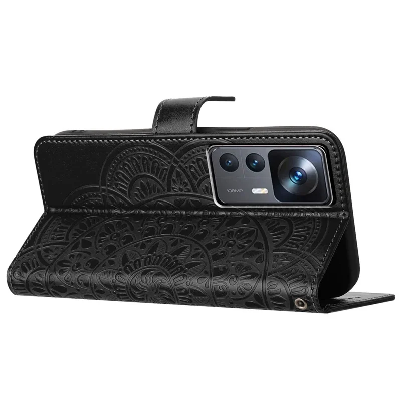 For Xiaomi 12T 5G / 12T Pro 5G / Redmi K50 Ultra Case PU Leather Phone Cover Imprinted Flower Pattern - Black