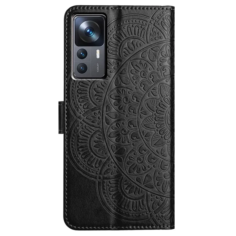 For Xiaomi 12T 5G / 12T Pro 5G / Redmi K50 Ultra Case PU Leather Phone Cover Imprinted Flower Pattern - Black