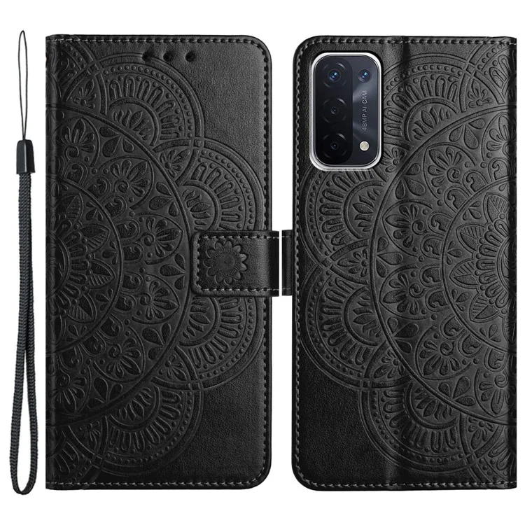 Para Oppo A74 5G / A54 5G / A93 5G Funda Patrón de Flores Bolso de Mano de Cuero Folio Vista de Teléfono Cubierta - Negro