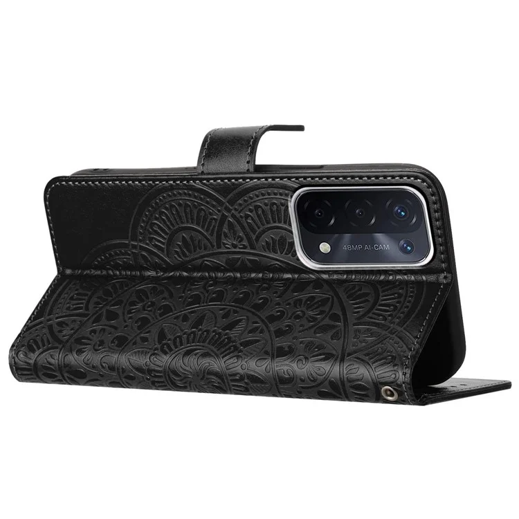 Para Oppo A74 5G / A54 5G / A93 5G Funda Patrón de Flores Bolso de Mano de Cuero Folio Vista de Teléfono Cubierta - Negro
