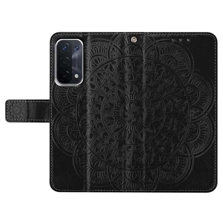 Para Oppo A74 5G / A54 5G / A93 5G Funda Patrón de Flores Bolso de Mano de Cuero Folio Vista de Teléfono Cubierta - Negro