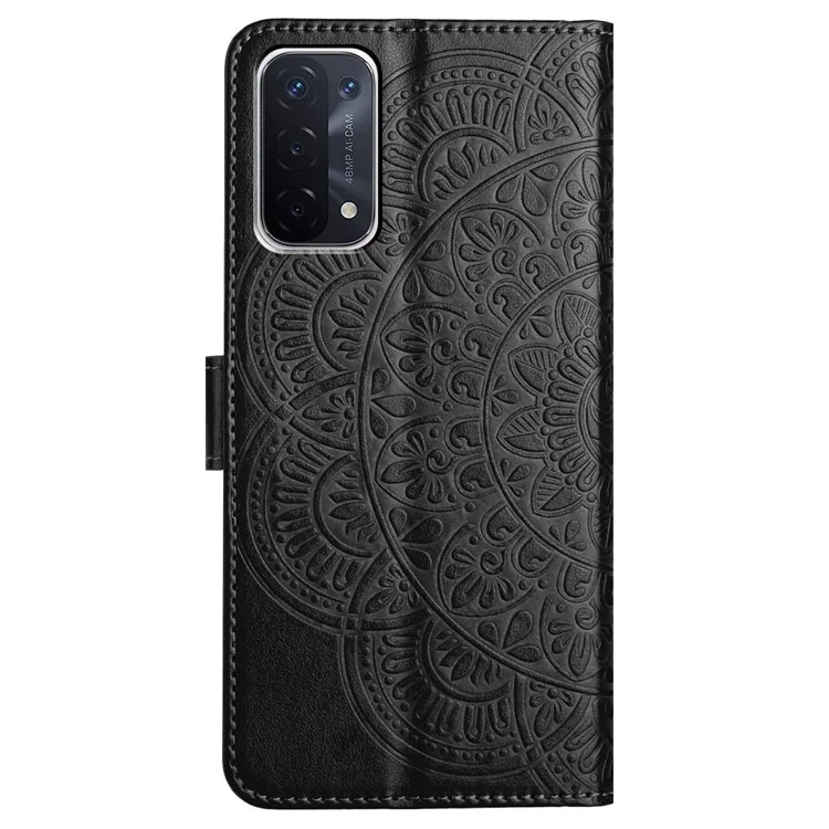 Para Oppo A74 5G / A54 5G / A93 5G Funda Patrón de Flores Bolso de Mano de Cuero Folio Vista de Teléfono Cubierta - Negro