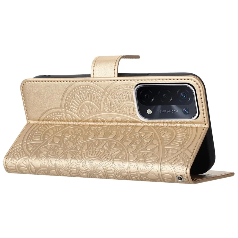 For Oppo A74 5G / A54 5G / A93 5G Case Flower Pattern Handbag Leather Folio Stand View Phone Cover - Gold