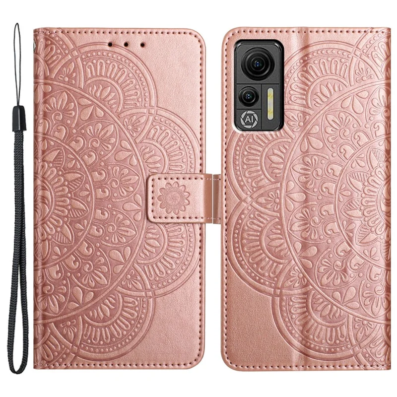 غطاء هاتف Ulefone Note 14 من الجلد مع محفظة وتصميم منقوش على شكل زهرة الماندالا - ذهبي وردي