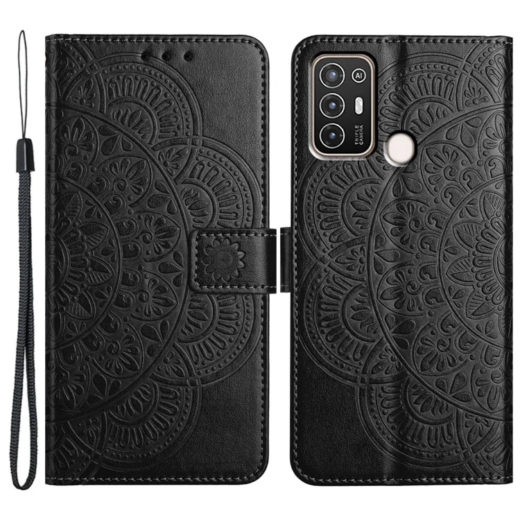 For ZTE Blade A52 Case Mandala Flower Leather Flip Cover with Wallet Stand - Black