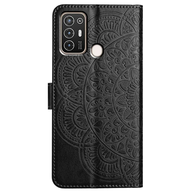 For ZTE Blade A52 Case Mandala Flower Leather Flip Cover with Wallet Stand - Black