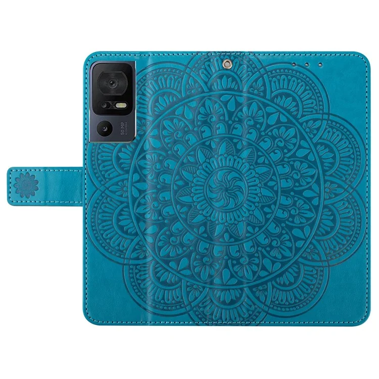 Pour le boîtier en cuir TCL 40 SE Mandala Imprinted Wallet Flip Phone Cover - Bleu