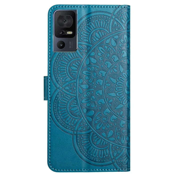 Pour le boîtier en cuir TCL 40 SE Mandala Imprinted Wallet Flip Phone Cover - Bleu