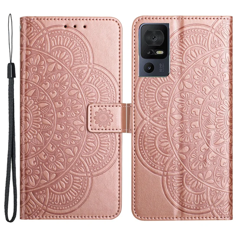 For TCL 40 SE Leather Case Mandala Imprinted Wallet Flip Phone Cover - Rose Gold