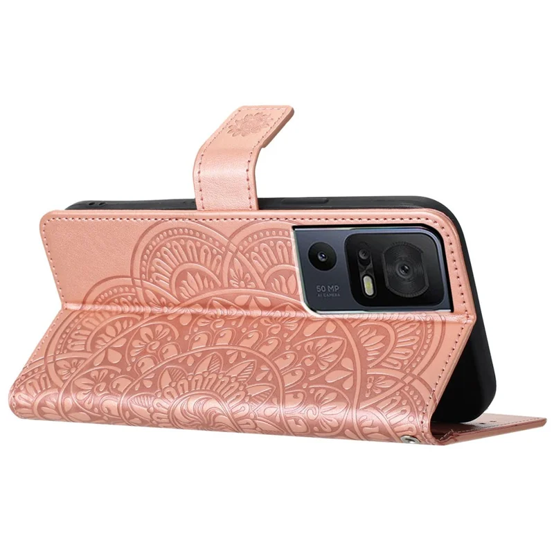 For TCL 40 SE Leather Case Mandala Imprinted Wallet Flip Phone Cover - Rose Gold