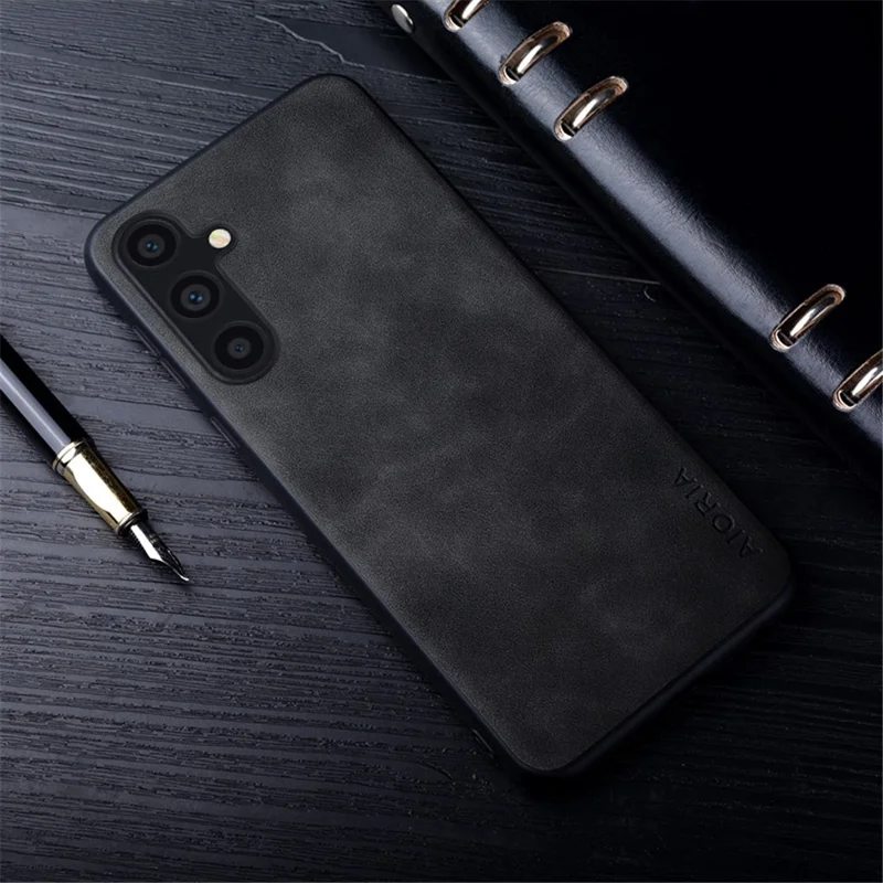 AIORIA For Samsung Galaxy A35 5G Case PU Leather Coated PC+TPU Scratch-proof Phone Back Shell - Black