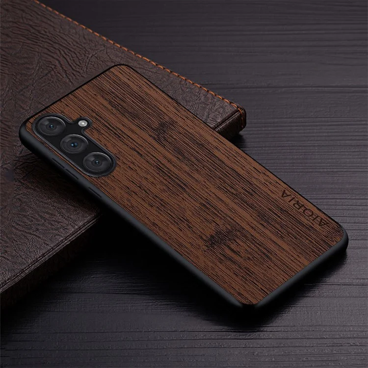 AIORIA For Samsung Galaxy S24+ Case Leather Coated PC+TPU Phone Cover Bamboo Grain Design - Coffee