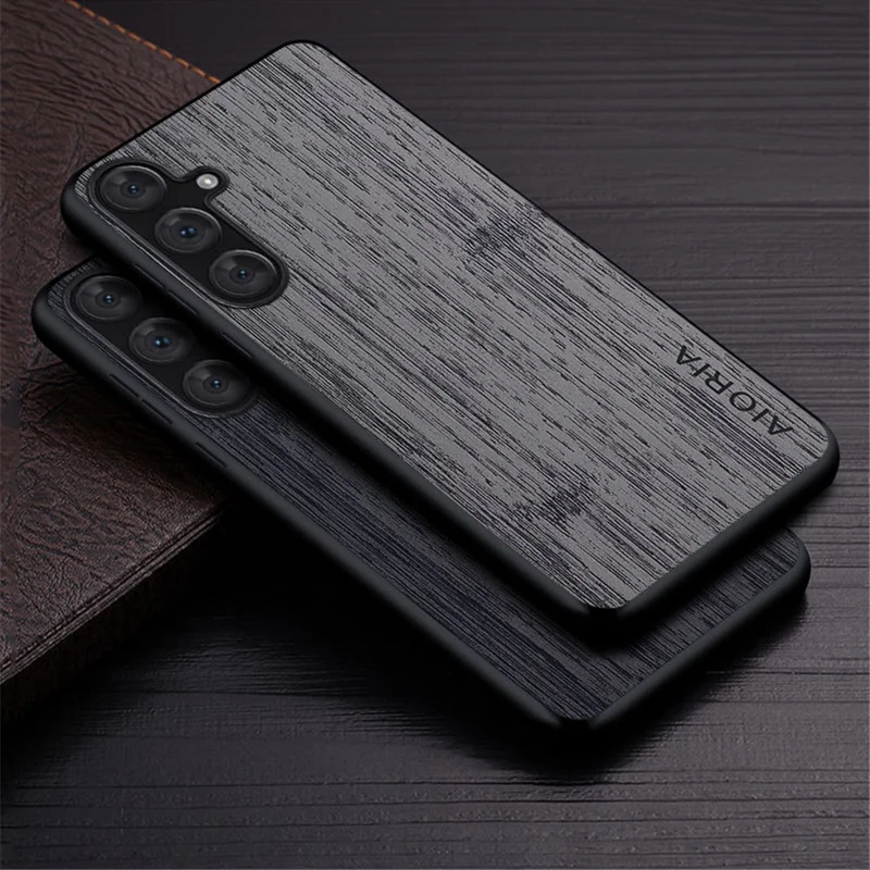 AIORIA For Samsung Galaxy S24+ Case Leather Coated PC+TPU Phone Cover Bamboo Grain Design - Light Grey