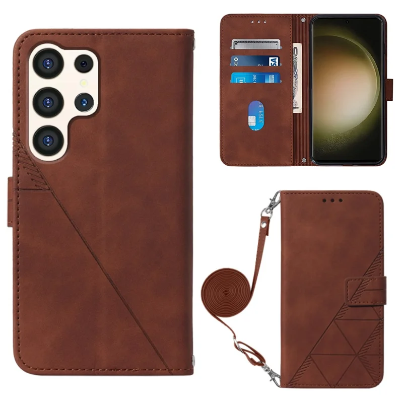 For Samsung Galaxy S24 Ultra Leather Case with Shoulder Strap Wallet Stand Phone Cover - Brown