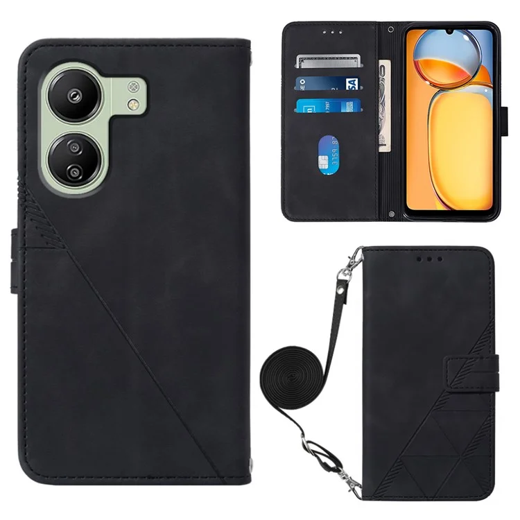 YB Imprinting Series-2 für Xiaomi Redmi 13C 4G / 13C 5G / 13R 5G / Poco M6 5G / Poco C65 4G Brieftasche Case mit Schultergurt - Schwarz