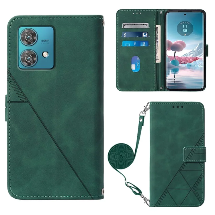 For Motorola Edge 40 Neo 5G Leather Case with Shoulder Strap Wallet Stand Phone Cover - Blackish Green