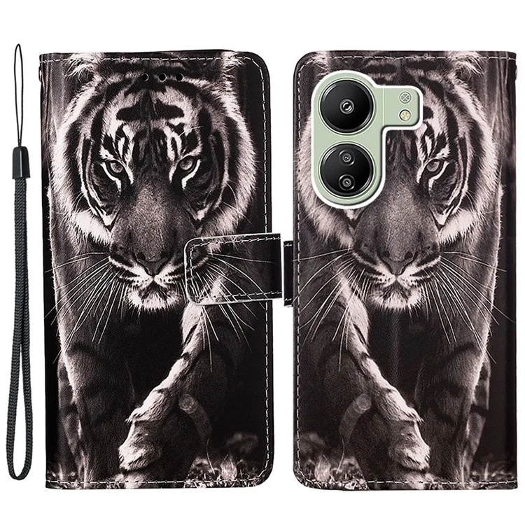 Série de Impressão de Padrão YB-4 para Xiaomi Redmi 13C 4G / 13C 5G / 13R 5G / Poco M6 5G / Poco C65 4G Leather Case Wallet - Tiger