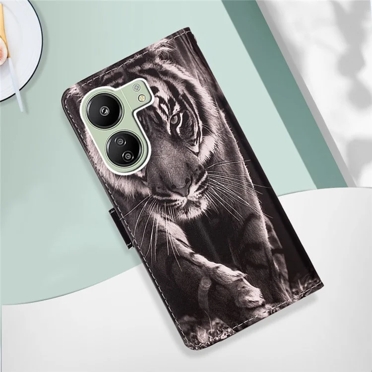 Série de Impressão de Padrão YB-4 para Xiaomi Redmi 13C 4G / 13C 5G / 13R 5G / Poco M6 5G / Poco C65 4G Leather Case Wallet - Tiger