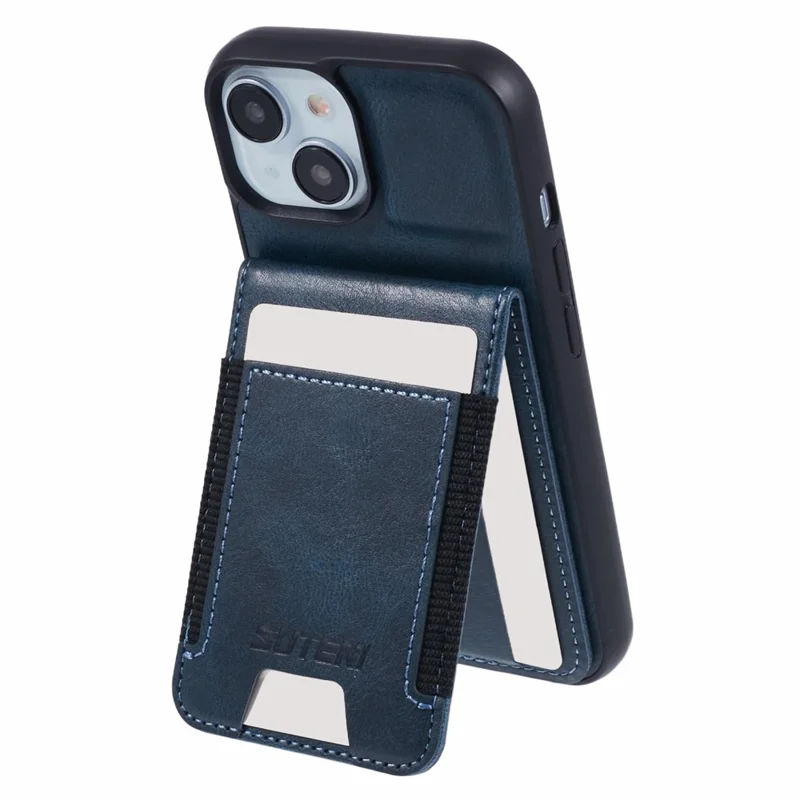 SUTENI H03 For iPhone 15 Case PU Leather Waxy Texture Card Slots Back Cover - Blue