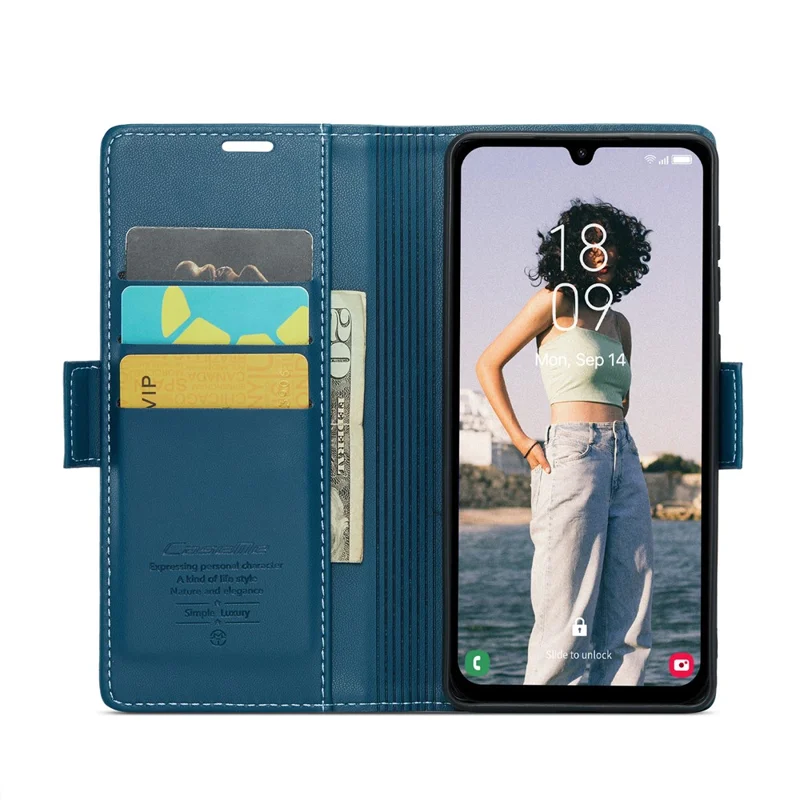 For Samsung Galaxy A15 4G / A15 5G Leather Case CASEME 023 RFID Blocking 3 Card Slot Mobile Cover - Blue