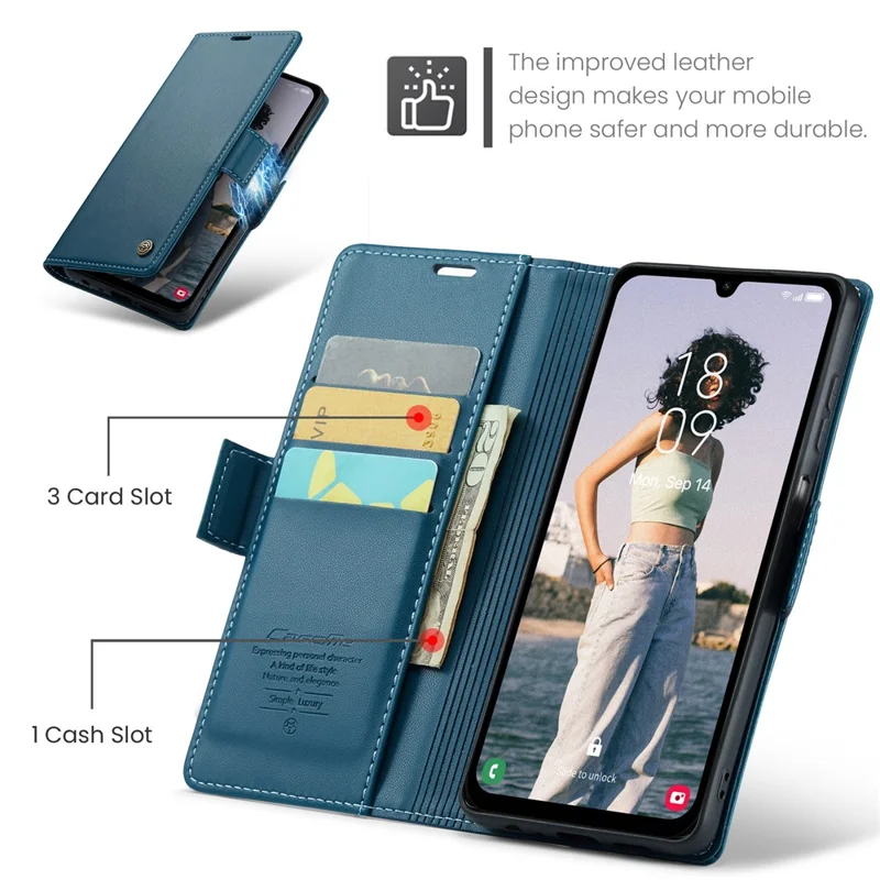 For Samsung Galaxy A15 4G / A15 5G Leather Case CASEME 023 RFID Blocking 3 Card Slot Mobile Cover - Blue