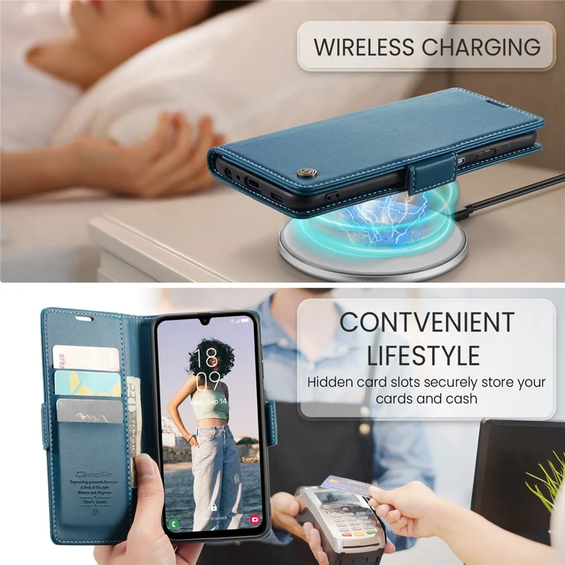 For Samsung Galaxy A15 4G / A15 5G Leather Case CASEME 023 RFID Blocking 3 Card Slot Mobile Cover - Blue