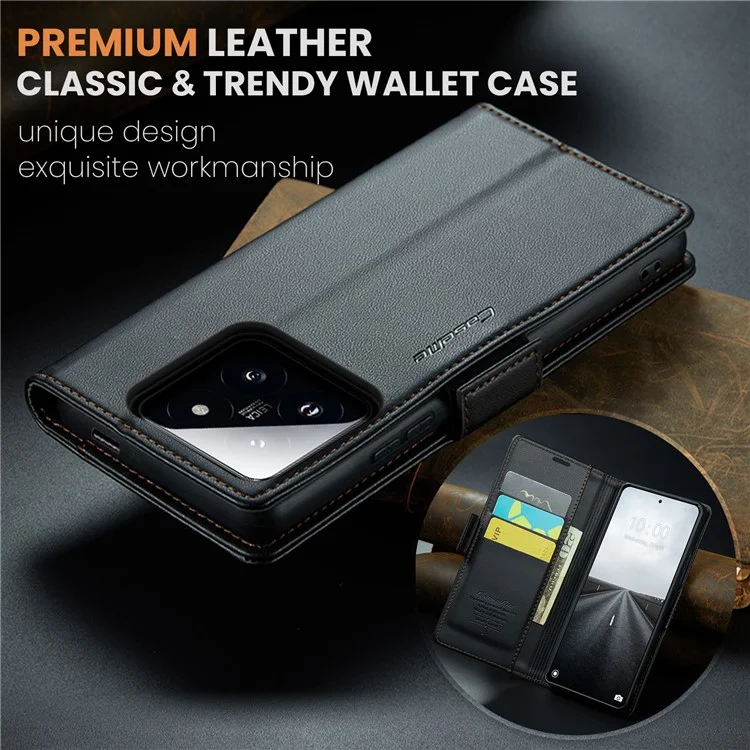 CASEME 023 Series Para Xiaomi 14 Pro Case RFID Blocking Glossy Stand Phone Cover - Preto