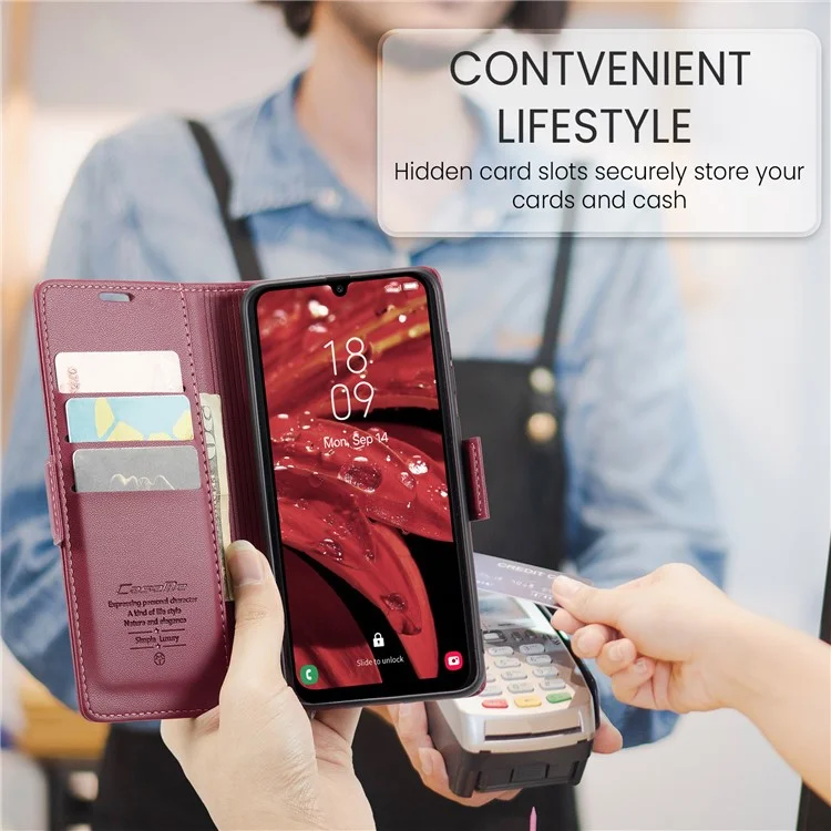 CASEME 023 Série Pour Samsung Galaxy A25 5G (Global) (161.0 x 76.5 x 8.3mm) Étui RFID Blocking Cuir Couvercle de téléphone - Rouge