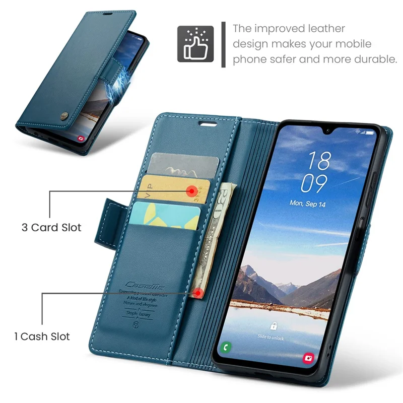 For Samsung Galaxy A05s 4G Leather Case CASEME 023 RFID Blocking 3 Card Slot Mobile Cover - Blue