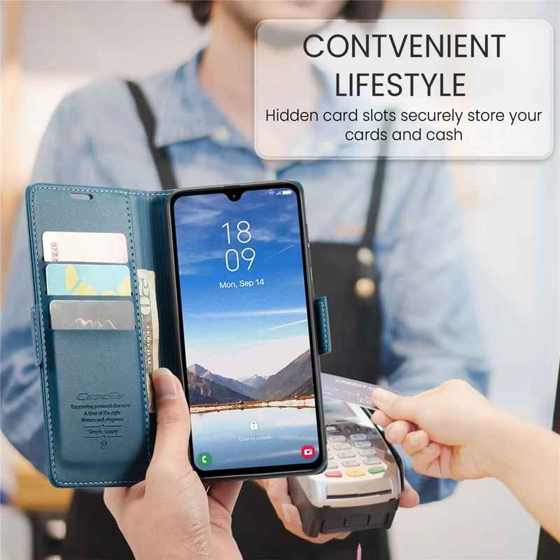 For Samsung Galaxy A05s 4G Leather Case CASEME 023 RFID Blocking 3 Card Slot Mobile Cover - Blue