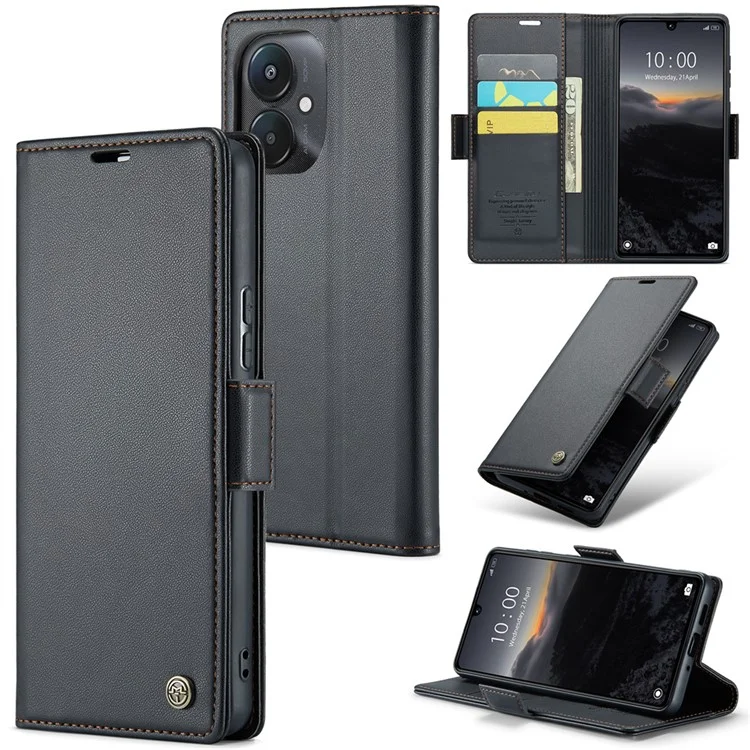 CASEME 023 Series For Xiaomi Redmi 13C 4G / Redmi 13C 5G / Poco C65 4G Case Glossy RFID Blocking Wallet Cover - Black