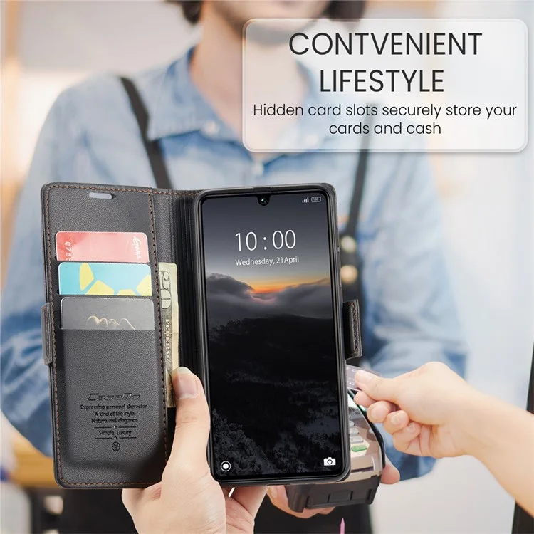 CASEME 023 Serie für Xiaomi Redmi 13C 4G / Redmi 13C 5G / Poco C65 4G Hülle Glossy RFID-blockierende Brieftasche - Schwarz