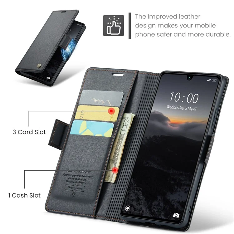 CASEME 023 Series For Xiaomi Redmi 13C 4G / Redmi 13C 5G / Poco C65 4G Case Glossy RFID Blocking Wallet Cover - Black