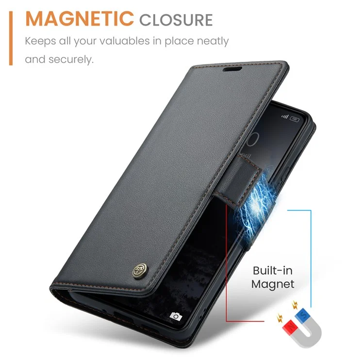 CASEME 023 Series For Xiaomi Redmi 13C 4G / Redmi 13C 5G / Poco C65 4G Case Glossy RFID Blocking Wallet Cover - Black