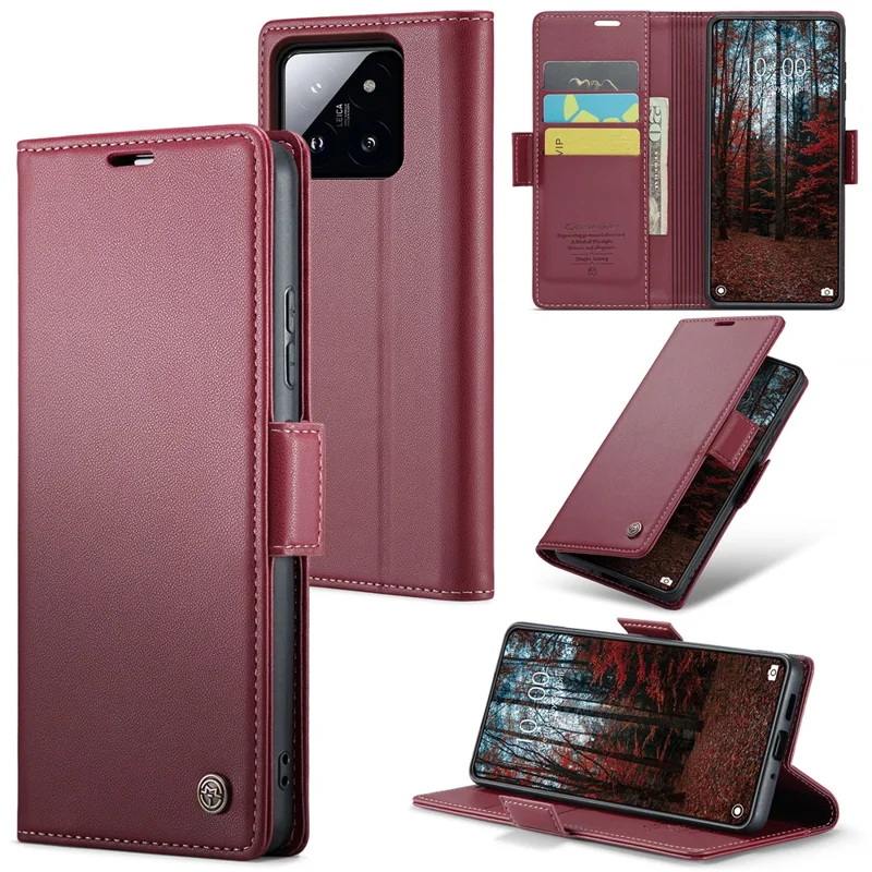 For Xiaomi 14 Magnetic Leather Case CASEME 023 RFID Blocking 3 Card Slot Mobile Cover - Red