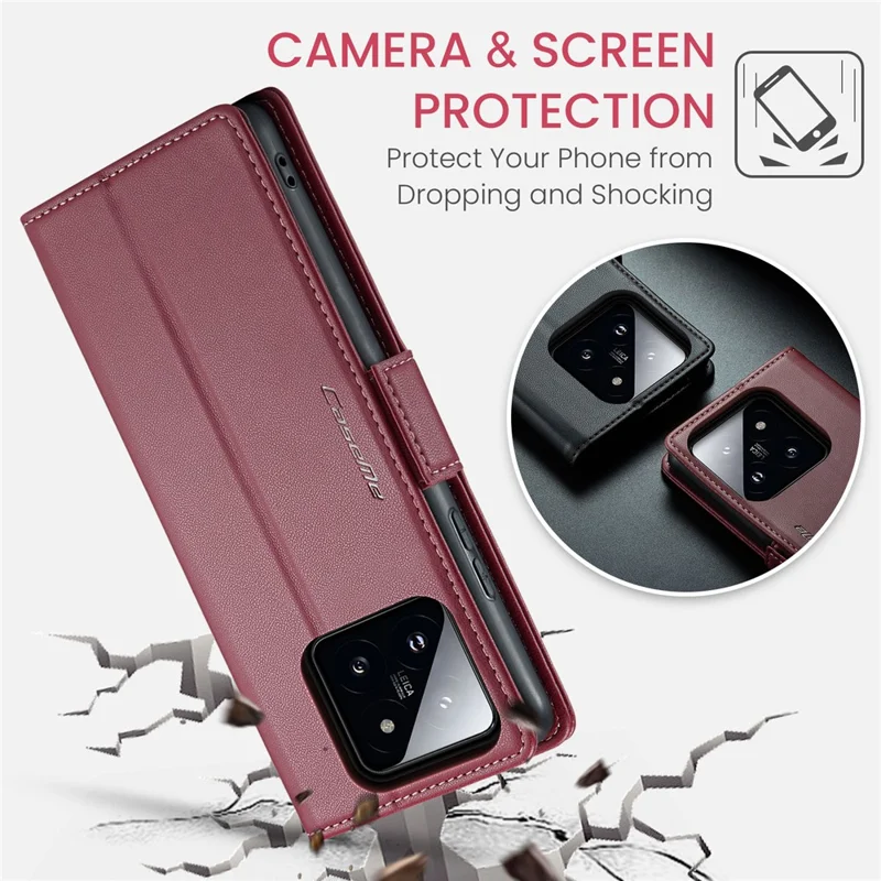 For Xiaomi 14 Magnetic Leather Case CASEME 023 RFID Blocking 3 Card Slot Mobile Cover - Red