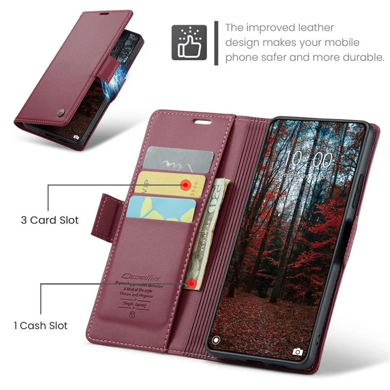 For Xiaomi 14 Magnetic Leather Case CASEME 023 RFID Blocking 3 Card Slot Mobile Cover - Red
