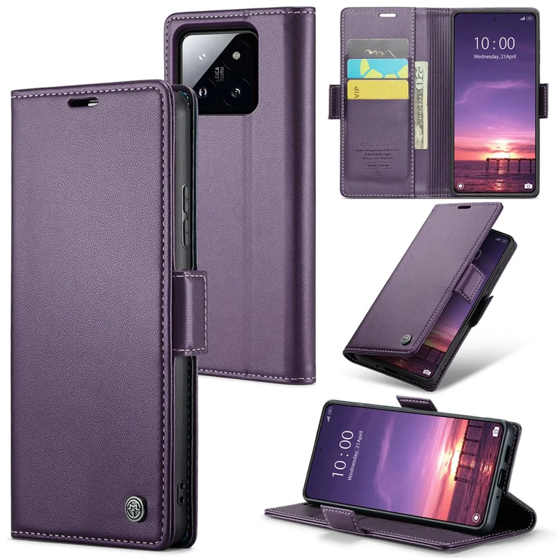 For Xiaomi 14 Magnetic Leather Case CASEME 023 RFID Blocking 3 Card Slot Mobile Cover - Purple