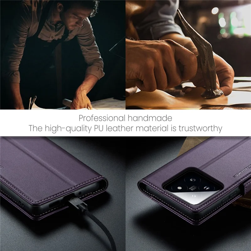 For Xiaomi 14 Magnetic Leather Case CASEME 023 RFID Blocking 3 Card Slot Mobile Cover - Purple