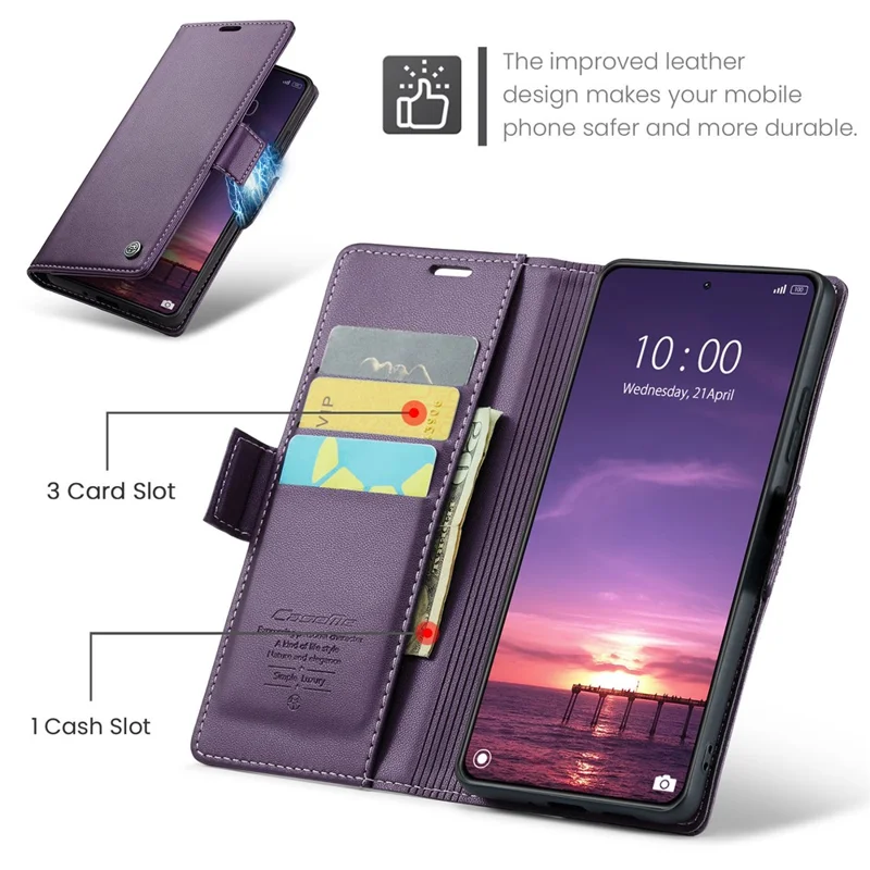 For Xiaomi 14 Magnetic Leather Case CASEME 023 RFID Blocking 3 Card Slot Mobile Cover - Purple