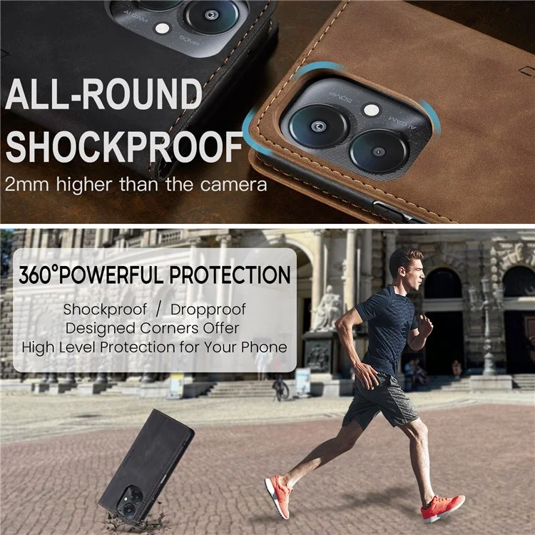 CASEME 013 Serie für Xiaomi Redmi 13C 4G / Redmi 13C 5G / Poco C65 4G Hülle Leder Flip Ständer Handyhülle - Schwarz