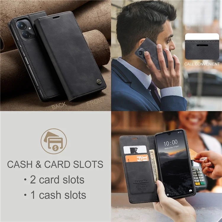 CASEME 013 Serie für Xiaomi Redmi 13C 4G / Redmi 13C 5G / Poco C65 4G Hülle Leder Flip Ständer Handyhülle - Schwarz