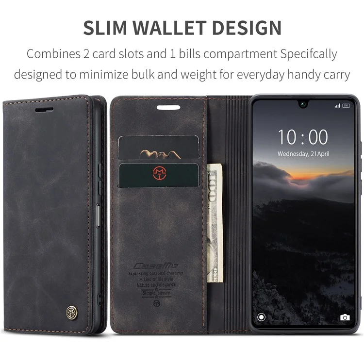 CASEME 013 Serie für Xiaomi Redmi 13C 4G / Redmi 13C 5G / Poco C65 4G Hülle Leder Flip Ständer Handyhülle - Schwarz