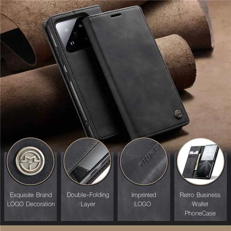 CASEME 013 Series For Xiaomi 14 Pro Case Leather Card Holder Phone Cover Business Style - Black